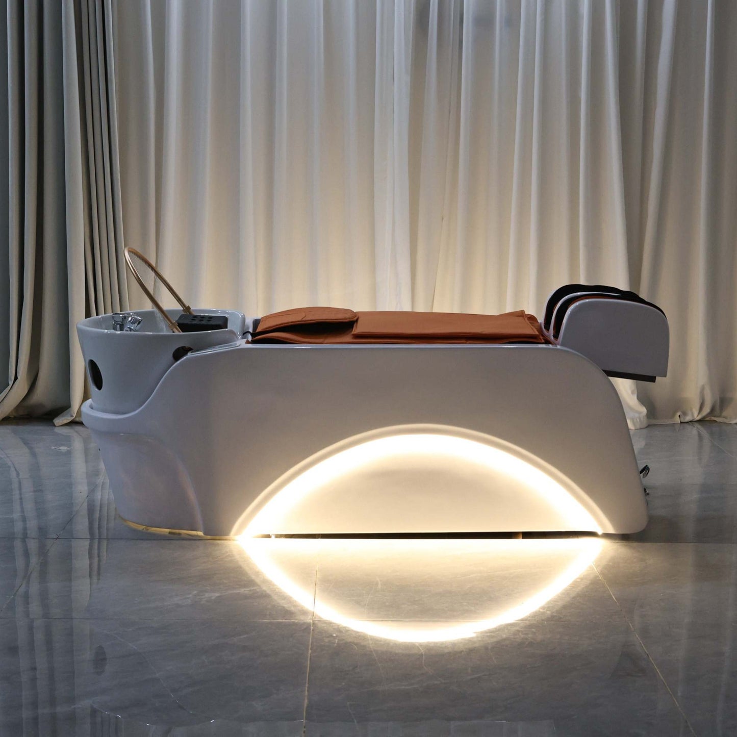 Professional scalp treatment station with comfort mat, LED glow, and clear dome headpiece.