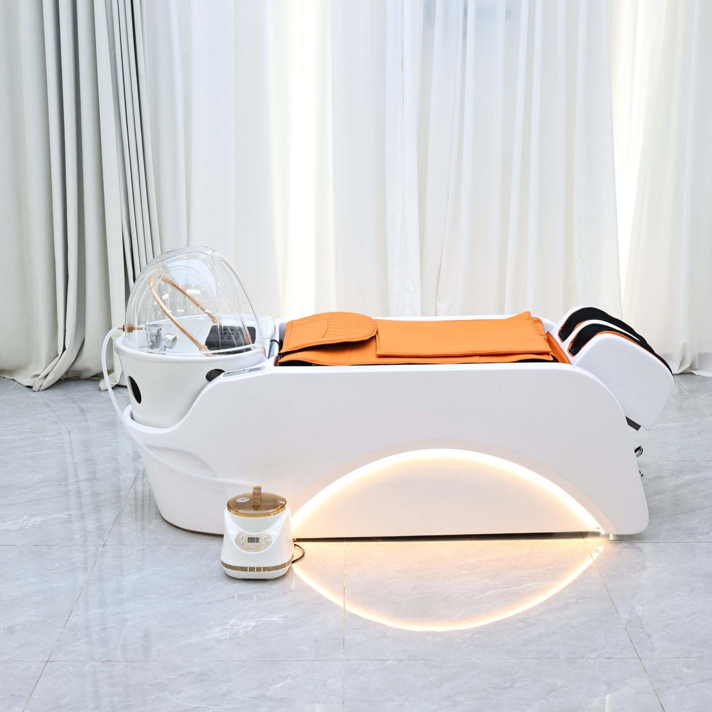 Dual-function scalp massage and therapy bed with sleek design and luxury features