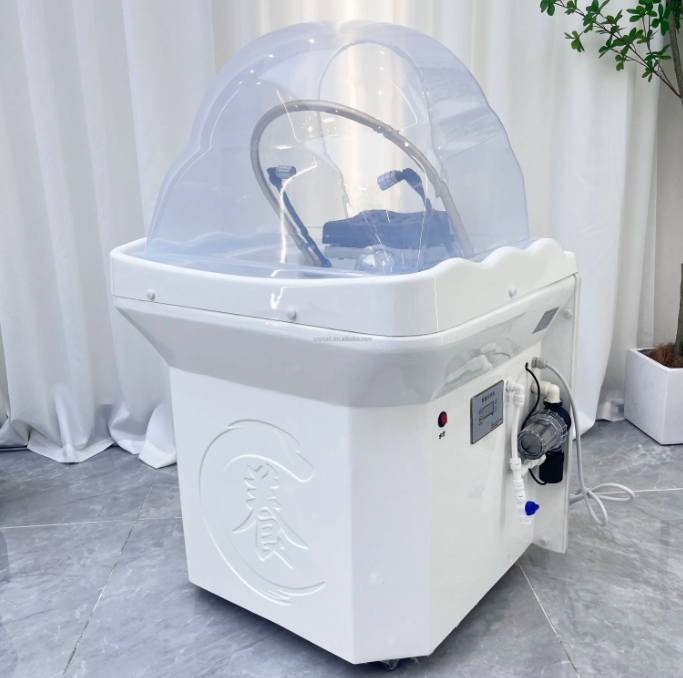 Scalp Massage Sink – Non-Plumbed with Tank with adjustable height and rolling wheels for portable scalp treatments.