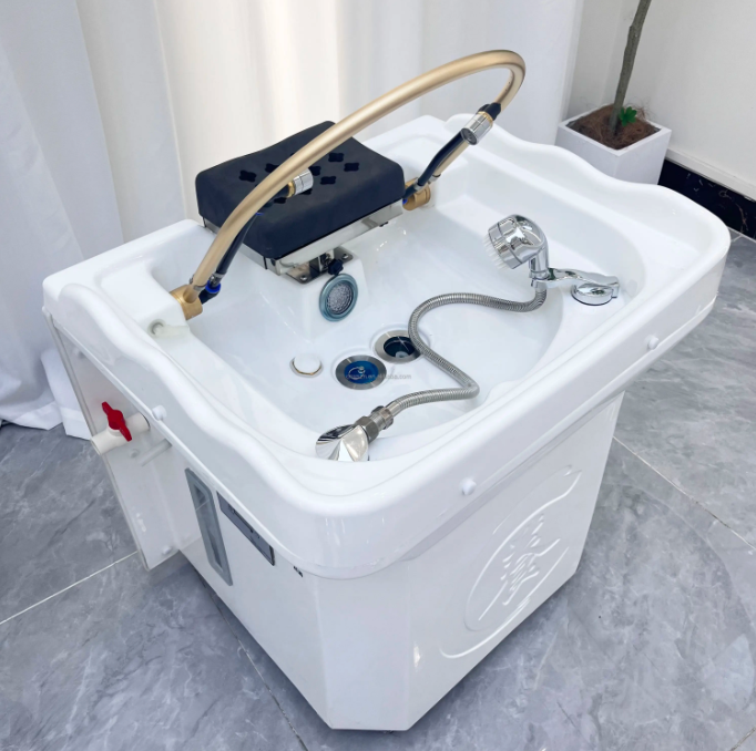 Scalp Massage Sink – Non-Plumbed with Tank positioned in modern salon interior, showcasing mobility and sleek black finish