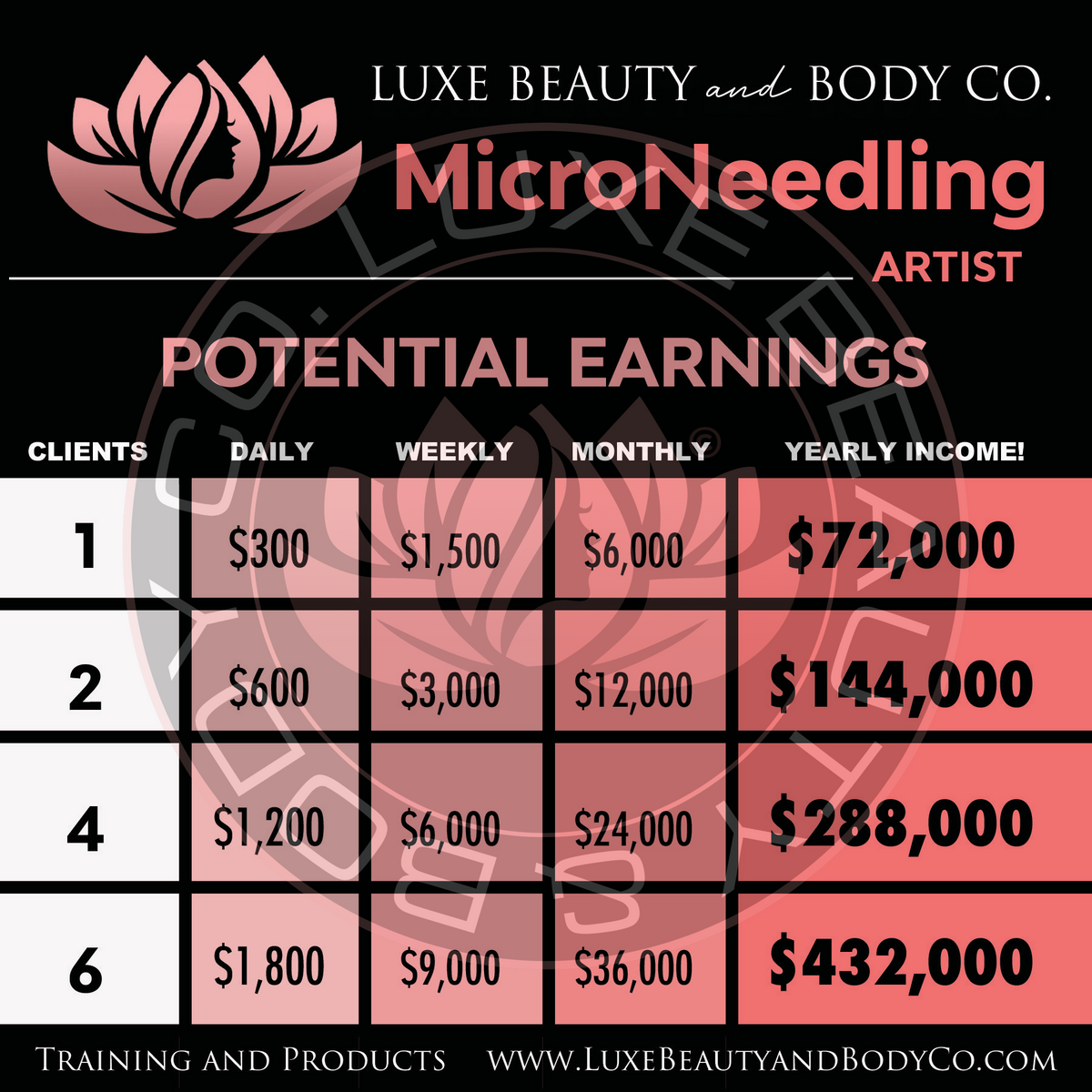 MicroNeedling Training ad highlighting potential income boost and client retention, with visuals of a salon setting and satisfied clients