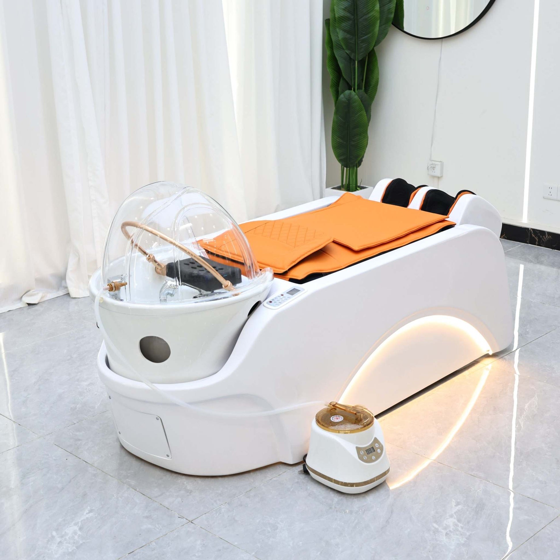 Luxury scalp massage bed with LED lights and ergonomic dome design for ultimate relaxation.