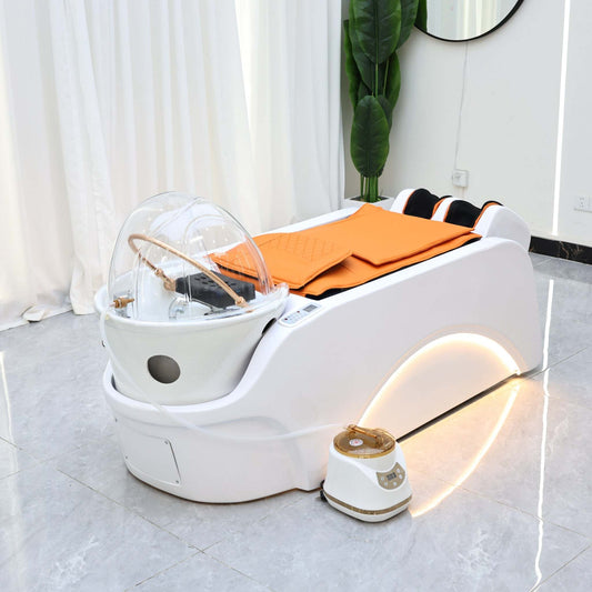 Luxury scalp massage bed with LED lights and ergonomic dome design for ultimate relaxation.