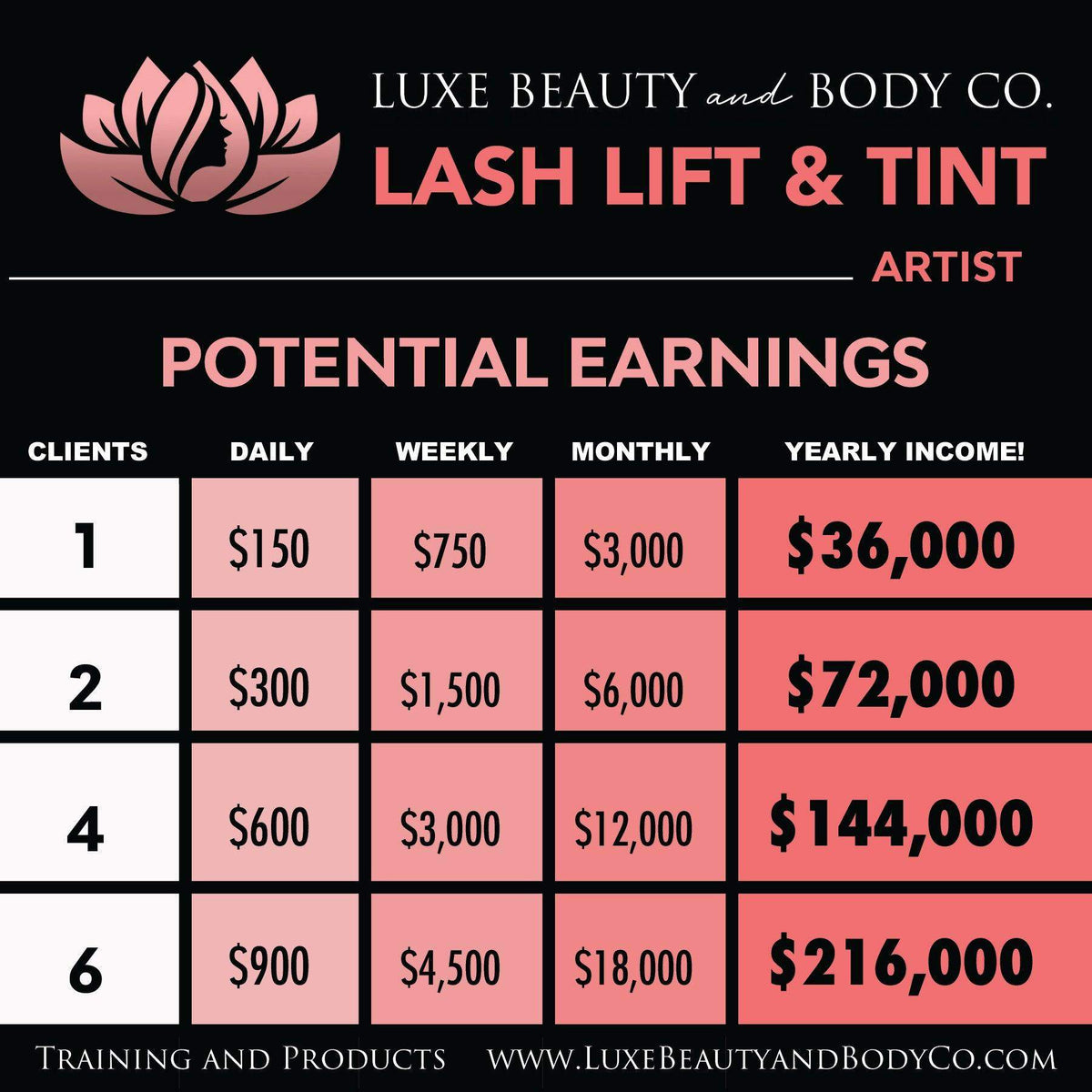 Lash Lift & Tint Training income chart